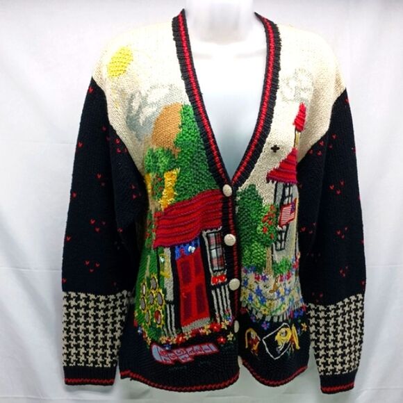 Sweaters - Heirloom Hand Knit Spring Time Americana Granny Core Embellished Cardigan XL....